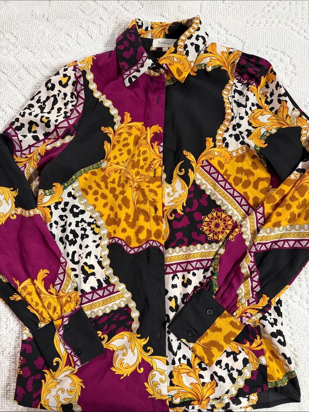 Böhme Brand Bold Baroque Print Button-Up Shirt — Gold, Black & Plum